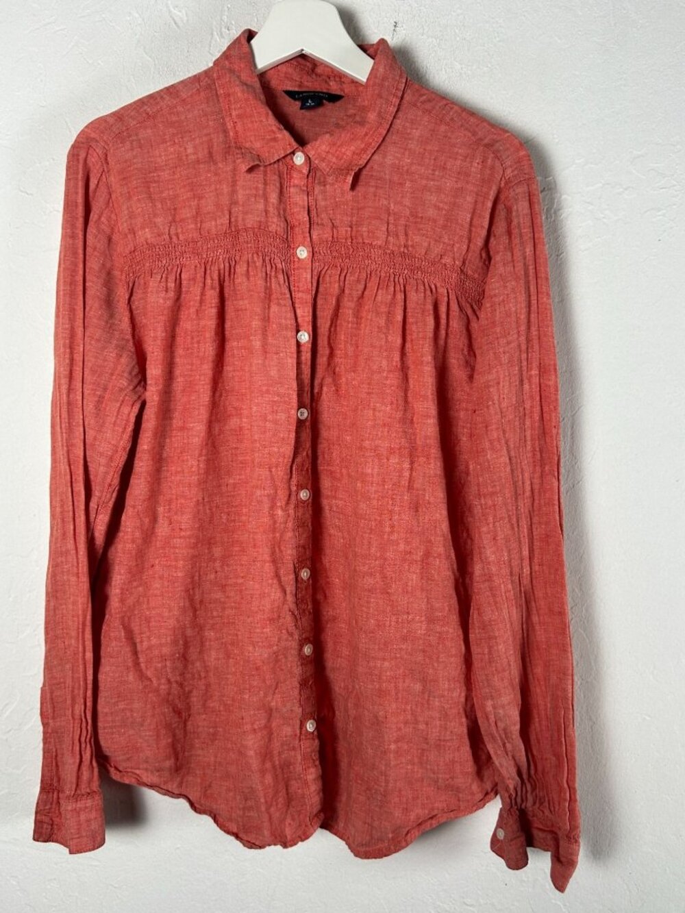 Lands' End Womens Coral Red 100% Linen Smocked Long Sleeve Button Up Shirt Large